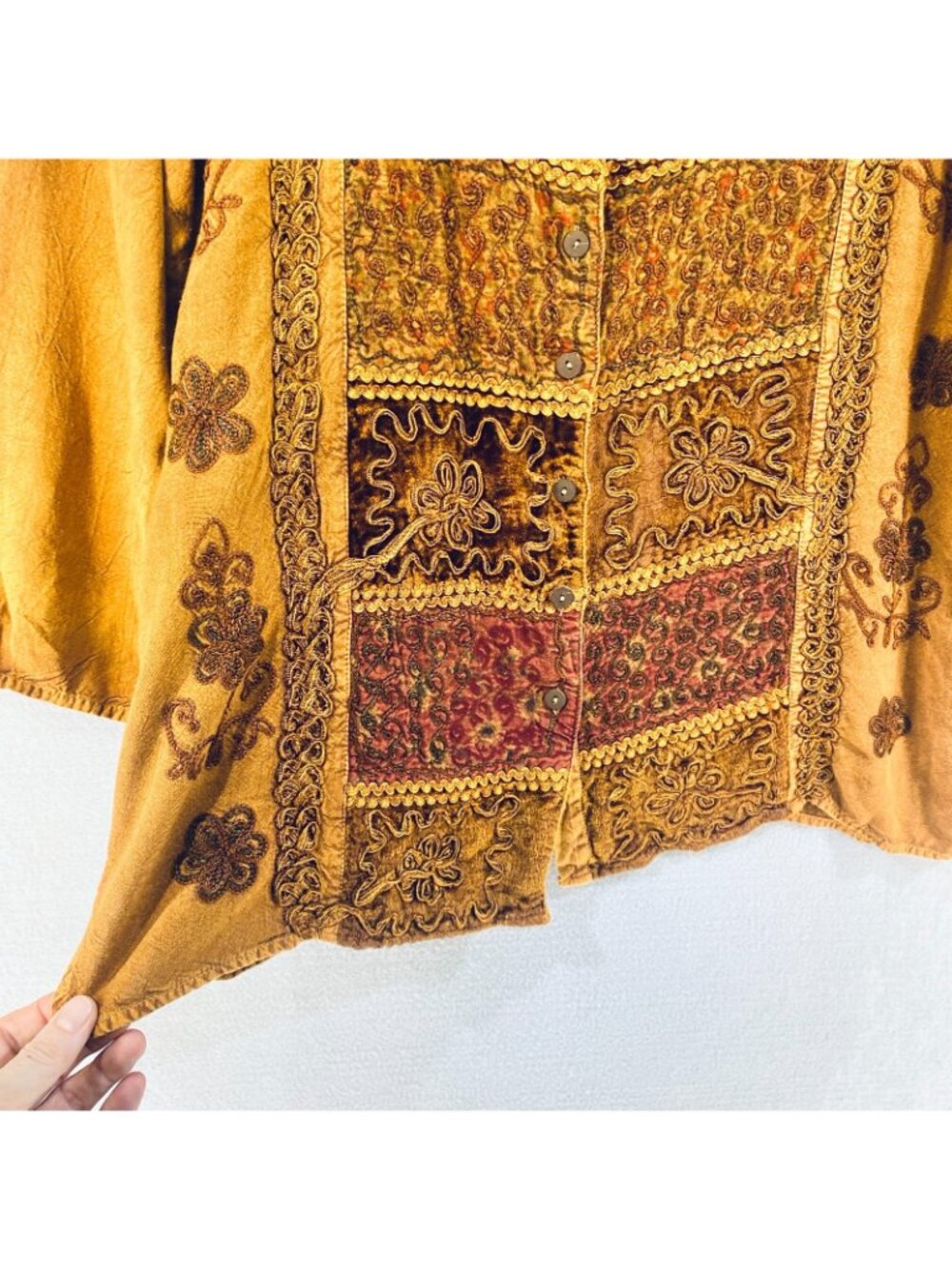 Vintage y2k Top Womens L Orange Floral Embroidered Patchwork Blouse Boho Velvet - Picture 3 of 12